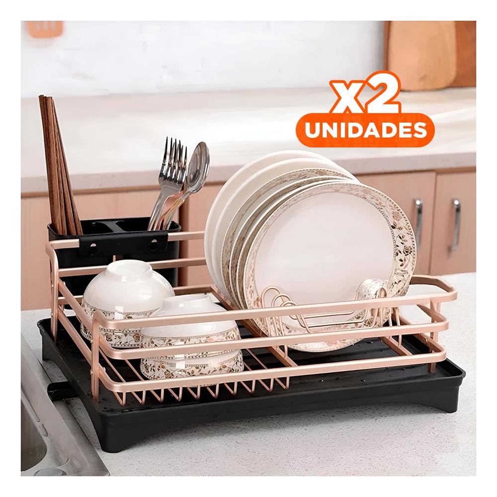 Pack2 Escurridor de Platos con Sistema de Drenaje y Soporte Oro Rosa Y+Regalo Sticker