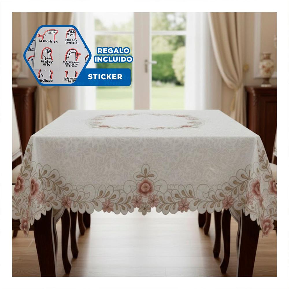 Tapete de Mesa Crema con Borde Bordado Flores y Hojas 350x180cm para Hogar Y+Regalo Sticker