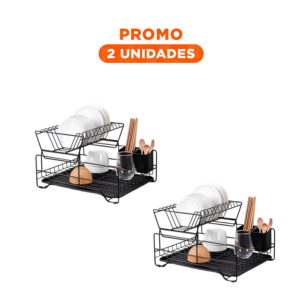 Pack2 Organizador de Platos de Color Negro con Puertas y Sistema de 2 Niveles