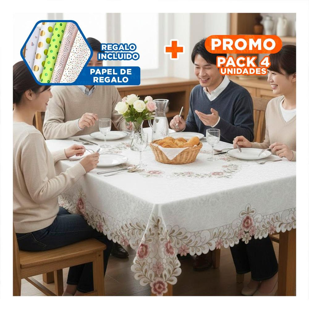 Pack4 Cubremesa Flores y Hojas Crema con Borde Bordado 350x180cm para Comedor Y+Papel Regalo