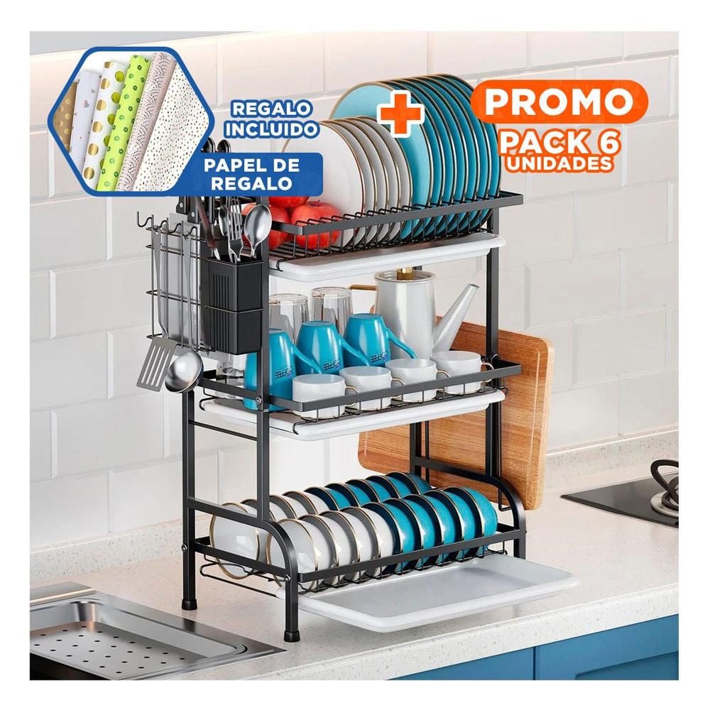 Pack6 Organizador de Platos con Soporte Utensilios y 3 Niveles Negro Y+Papel Regalo