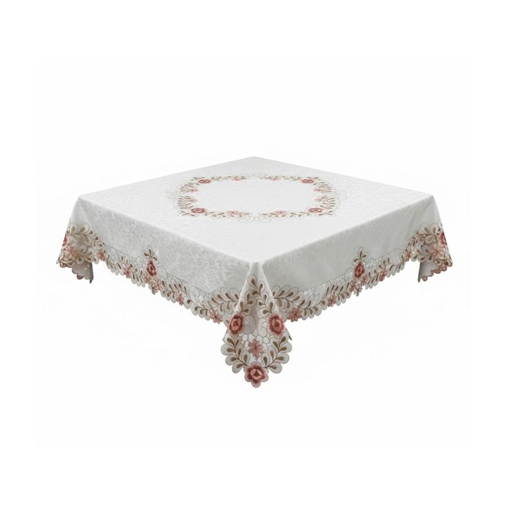 Cubremesa Crema con Borde Bordado Flores y Hojas 350x180cm para Comedor Y+Papel Regalo