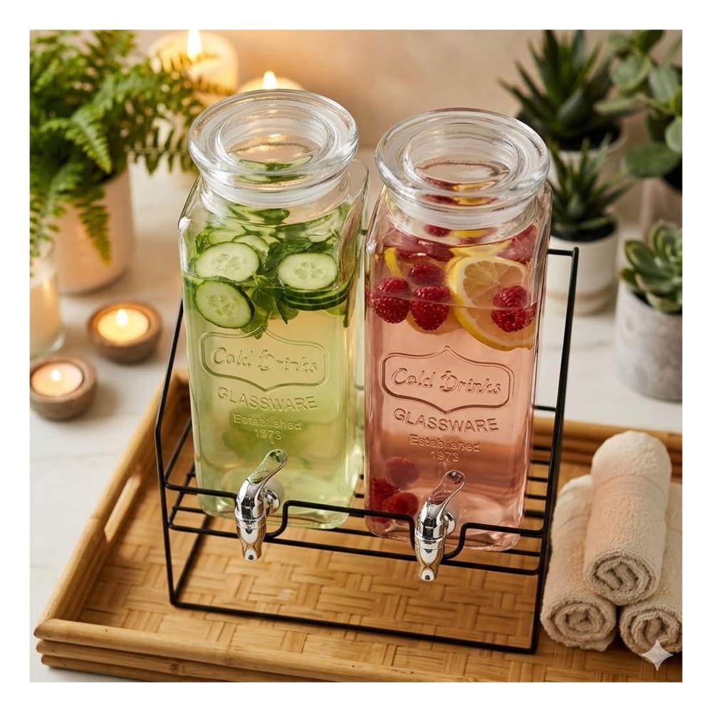 Contenedor Bebida Doble Transparente 2,2L con Grifo y Soporte Y+Ligas Regalo