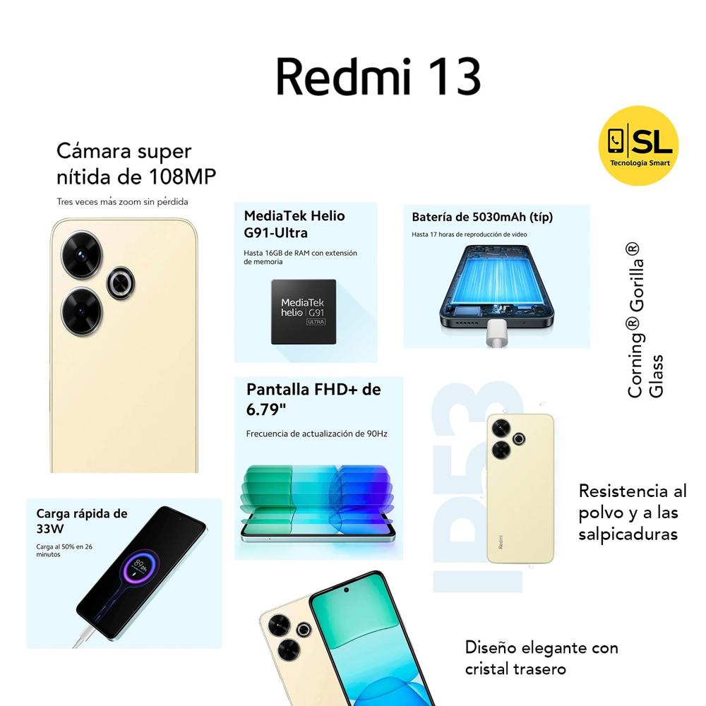 REDMI 13 8GB RAM 256GB CÁMARA 108 MP COLOR DORADO ARENA