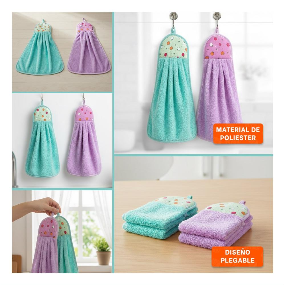 Juego Toallas 2 Piezas Morado y Verde Agua Colgador Practico 28x38cm