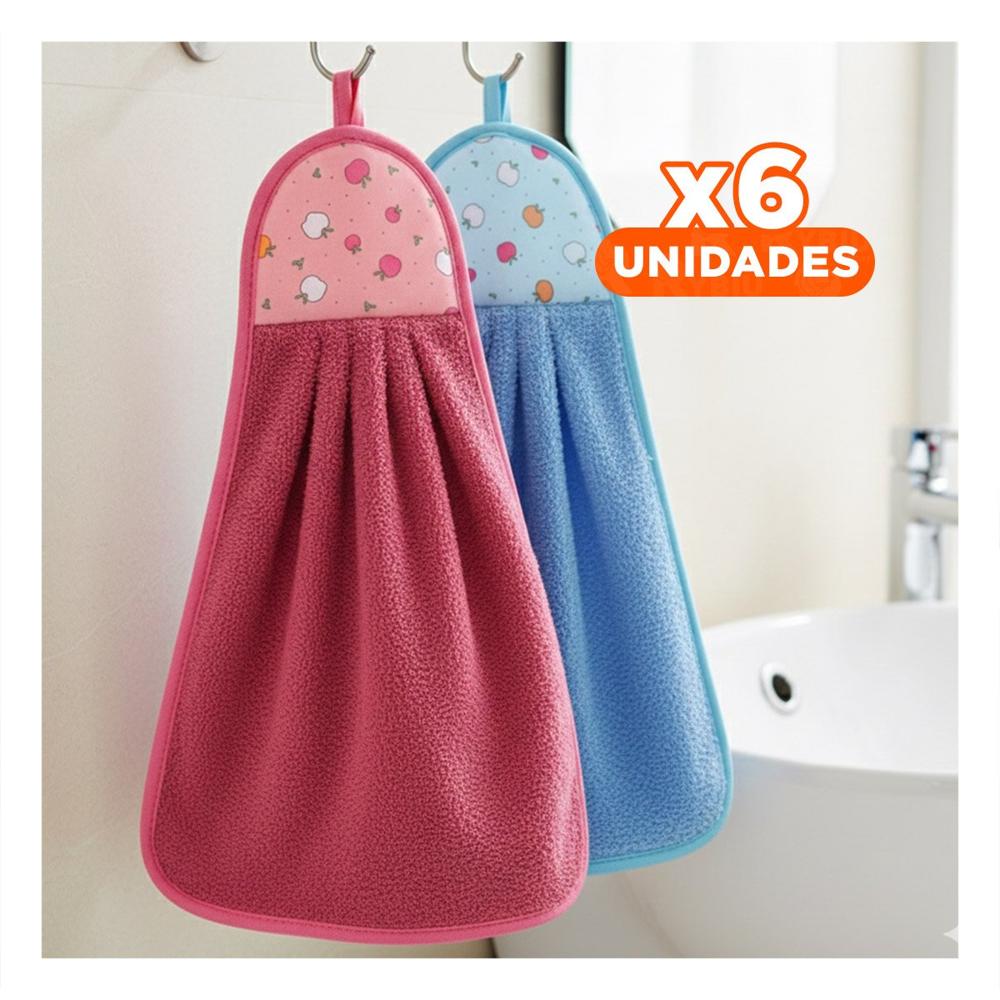 Pack6 Kit 2 Toallas de Mano Fucsia y Azul Colgador Suave 28x38cm Y+Regalo Sticker