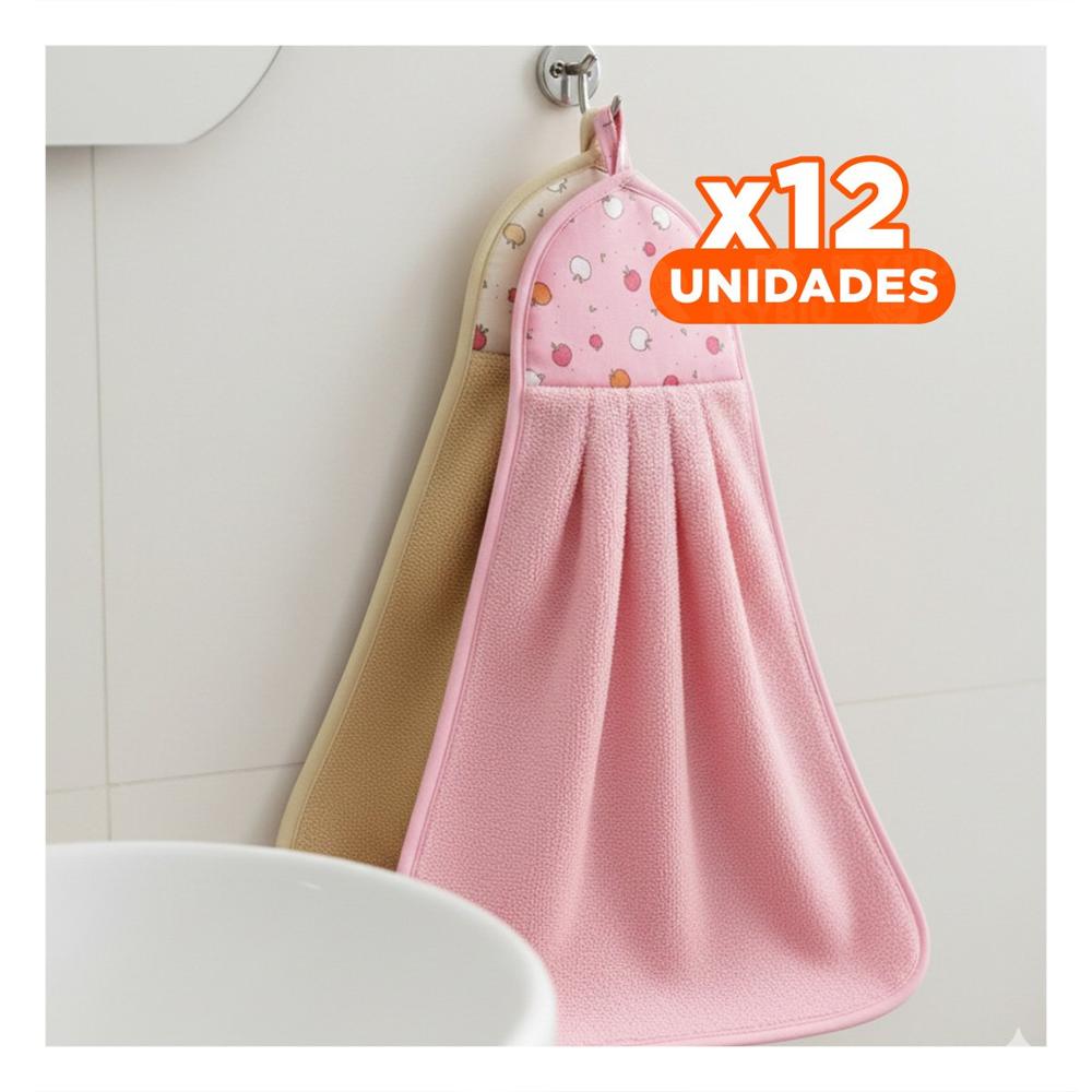 Pack12 Kit Panos de Mano 2 Piezas Rosado y Amarillo Colgador Practico 28x38cm