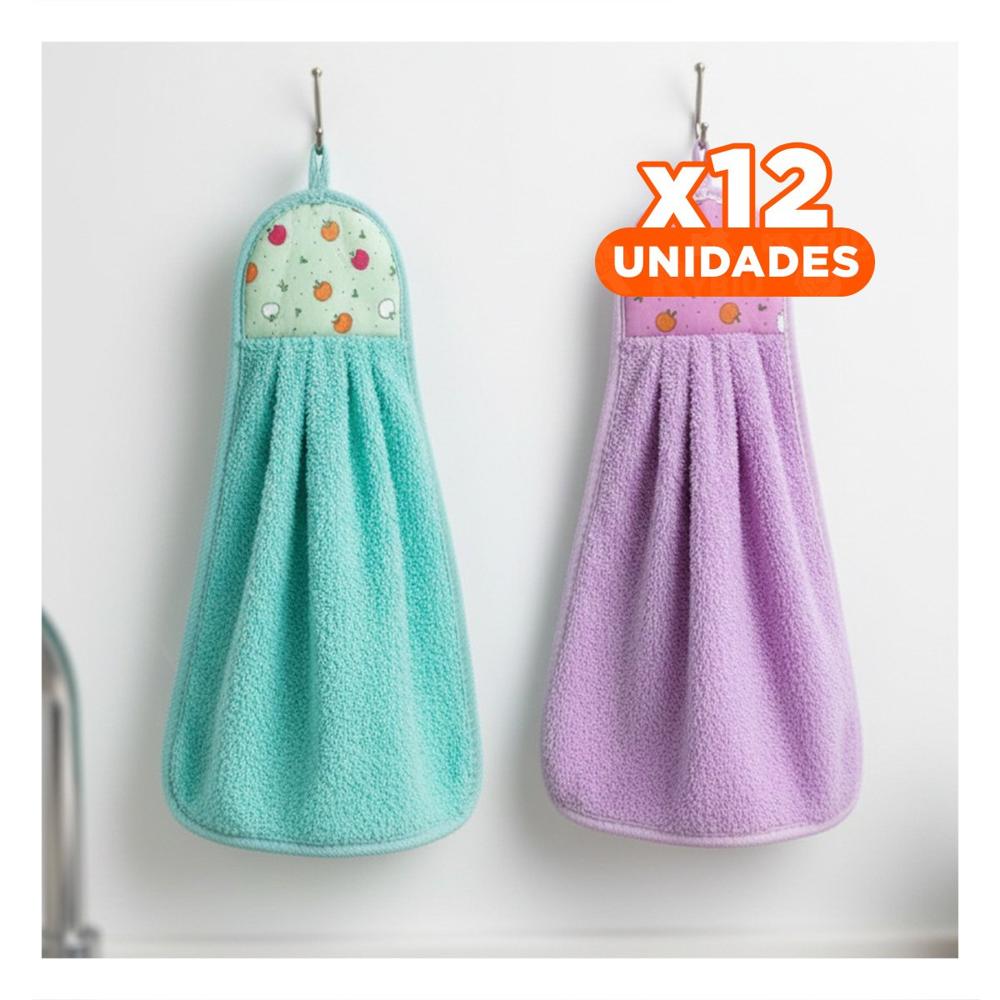 Pack12 Combo Panos de Mano 2 Piezas Morado y Verde Agua Colgador Suave 28x38cm