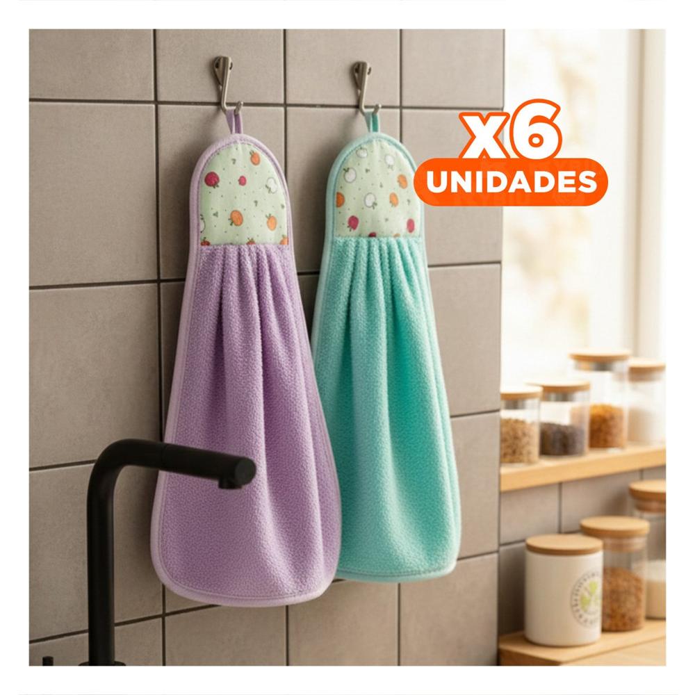 Pack6 Combo 2 Toallas de Mano Morado y Verde Agua Colgador Practico 28x38cm Y+Regalo Sticker