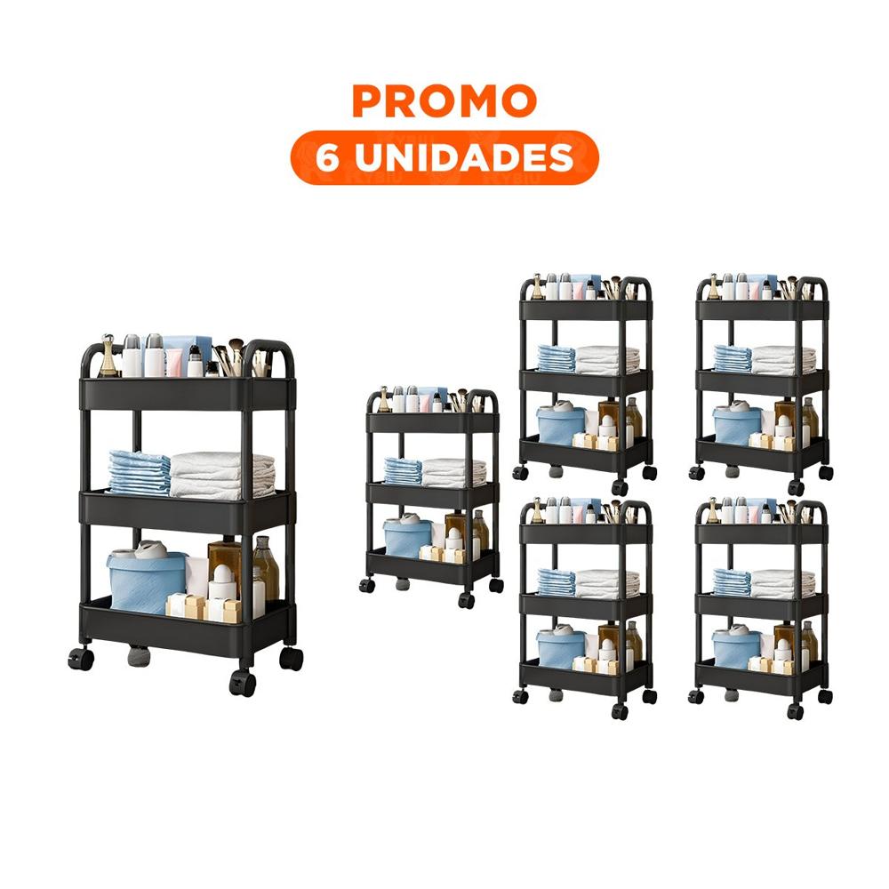 Pack6 Portaobjetos Movil 3 Niveles con Ruedas y Asas para Organizacion del Hogar Negro