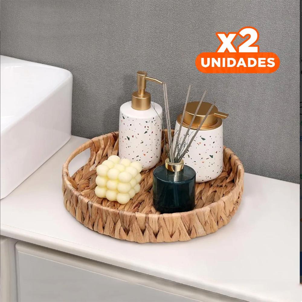 Pack2 Canasta tejida circular Grass 27x4cm para Cocina y Casa Decorativa Mostaza Y+Papel Regalo