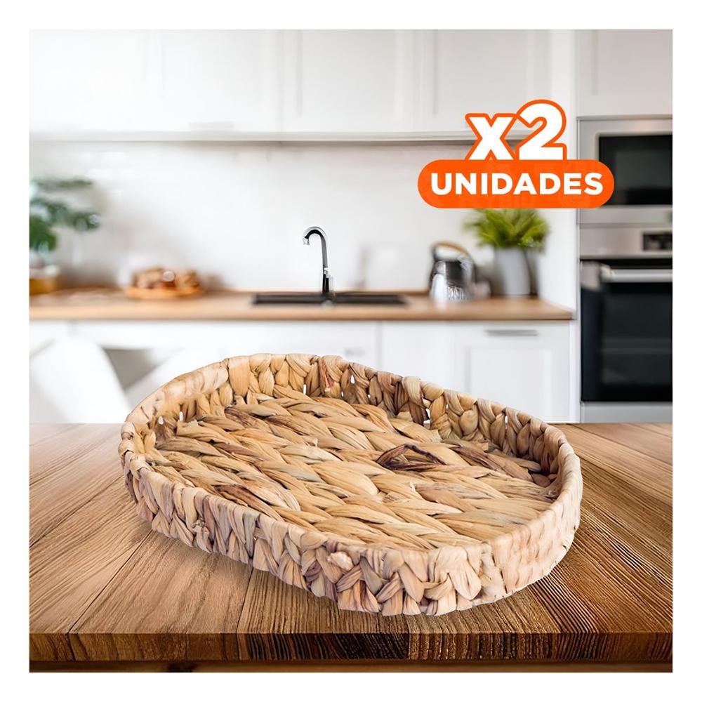 Pack2 Bandeja tejida ovalada Grass 36x28x6cm mostaza práctica para cocina Y+Regalo Sticker