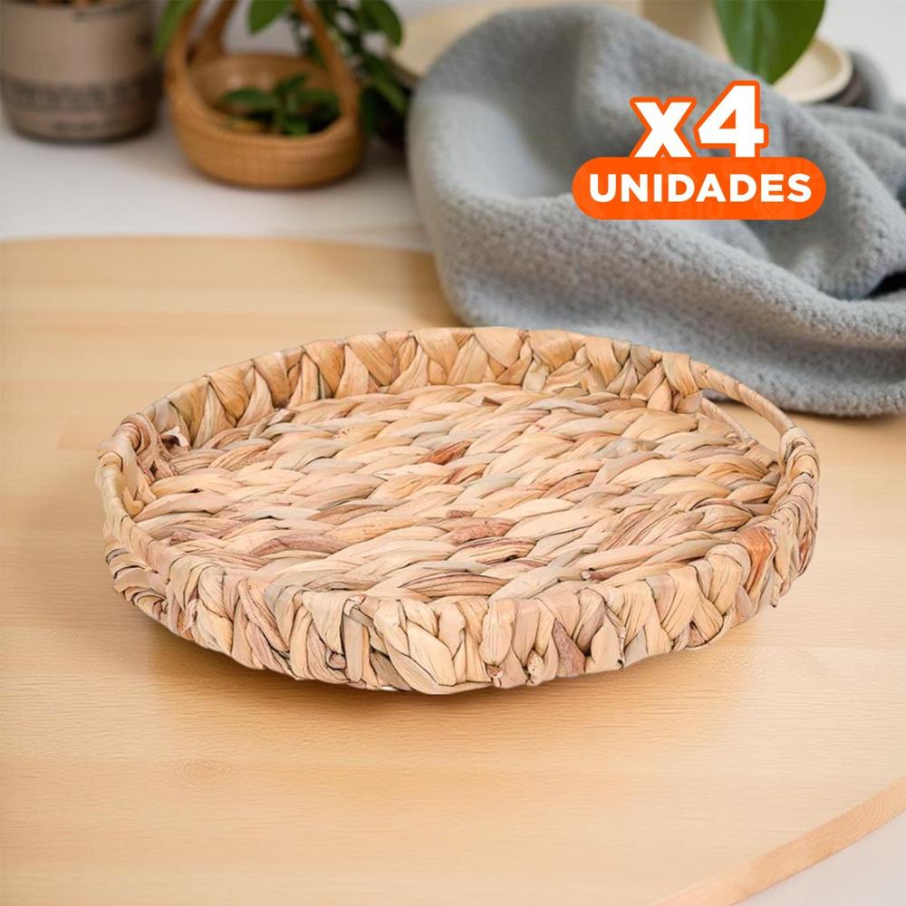 Pack4 Recipiente tejida circular con asas Grass 36x5cm mostaza para almacenamiento en cocina