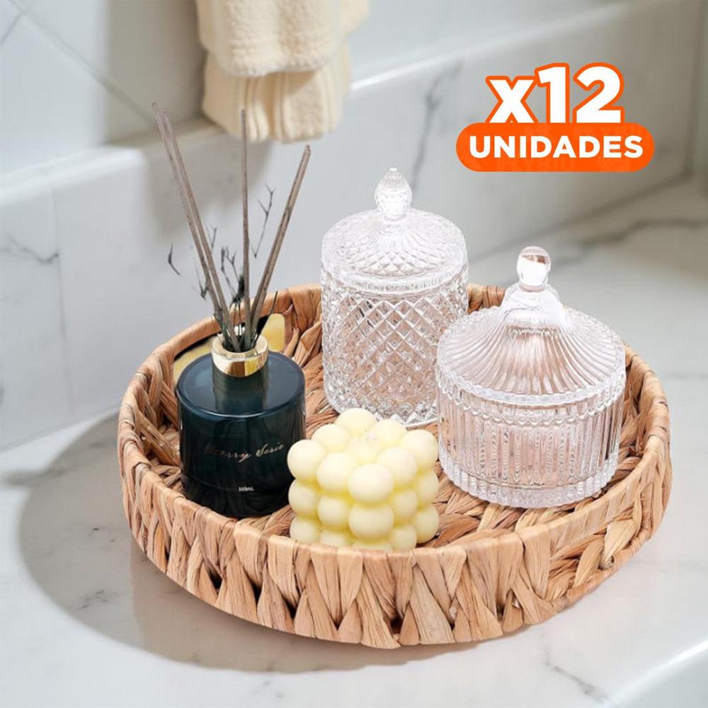 Pack12 Caja tejida circular con asas Grass 32x4cm tono mostaza para decorar Y+Papel Regalo