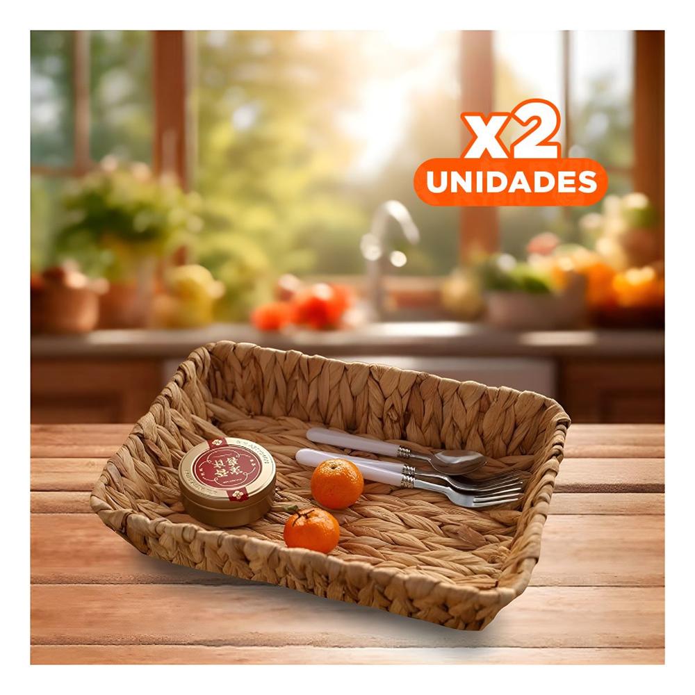 Pack2 Canasto Tejido Rectangular Grass 36x28x6cm Mostaza Para Decorar Y+Regalo Sticker