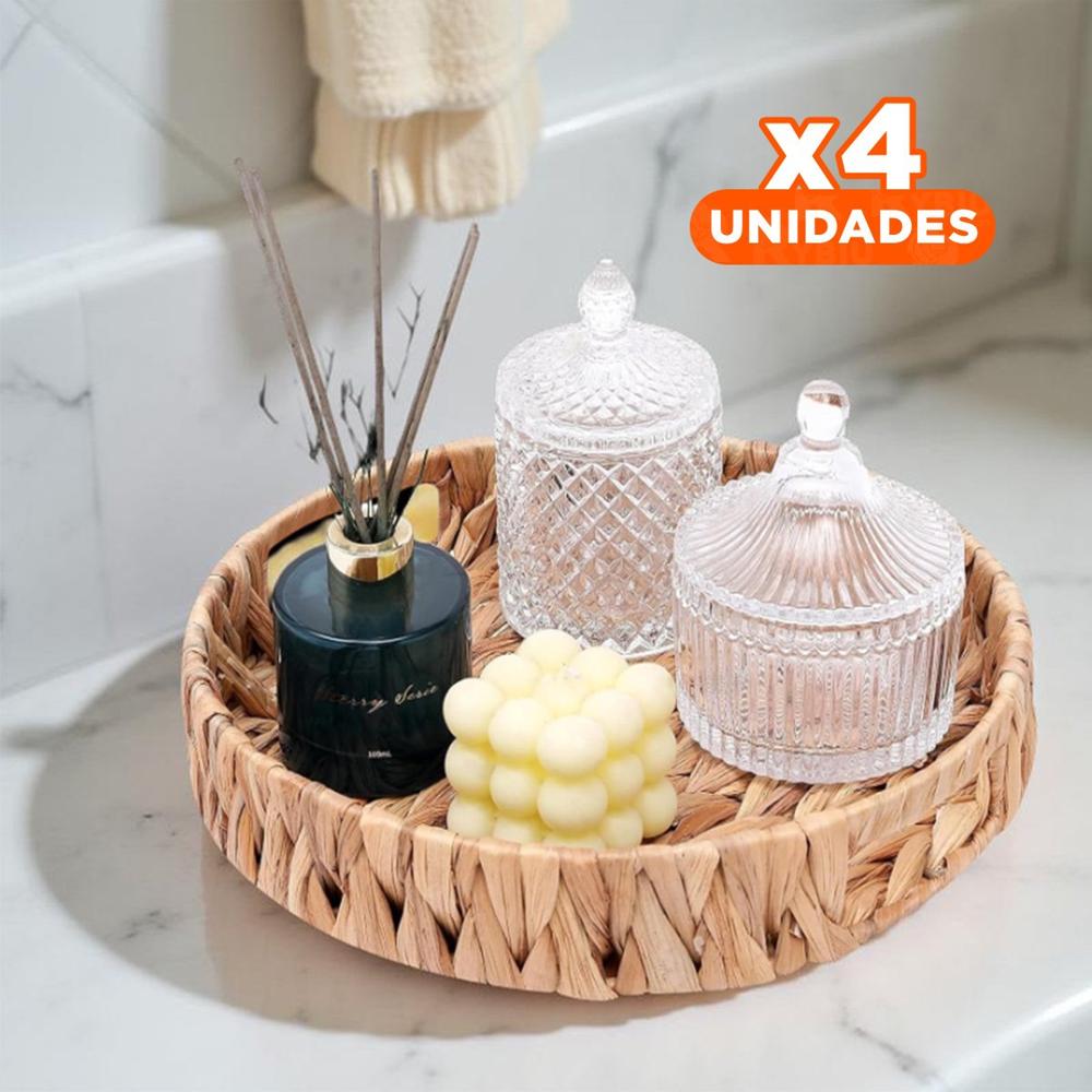 Pack4 Recipiente tejida circular con asas Grass 32x4cm color mostaza para sala