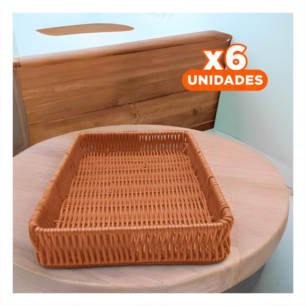 Pack6 Cesto Rectangular de Plastico Tejido 34x24x4cm para Servir Alimentos Y+Papel Regalo