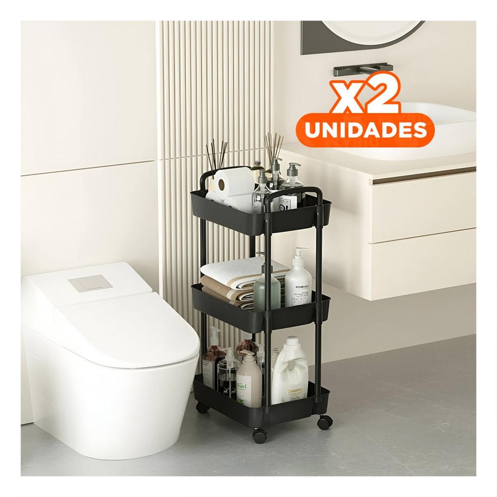 Pack2 Almacenador Auxiliar con Ruedas 3 Niveles y Asas a Plastico Negro Y+Regalo Sticker