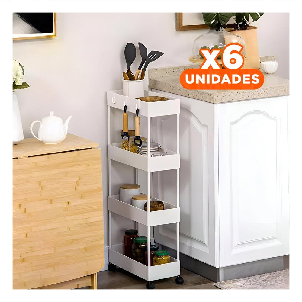 Pack6 Soporte Delgado de Cocina 4 Niveles con ruedas Blanco 90 X 13 X 40 Cm Y+Regalo Sticker