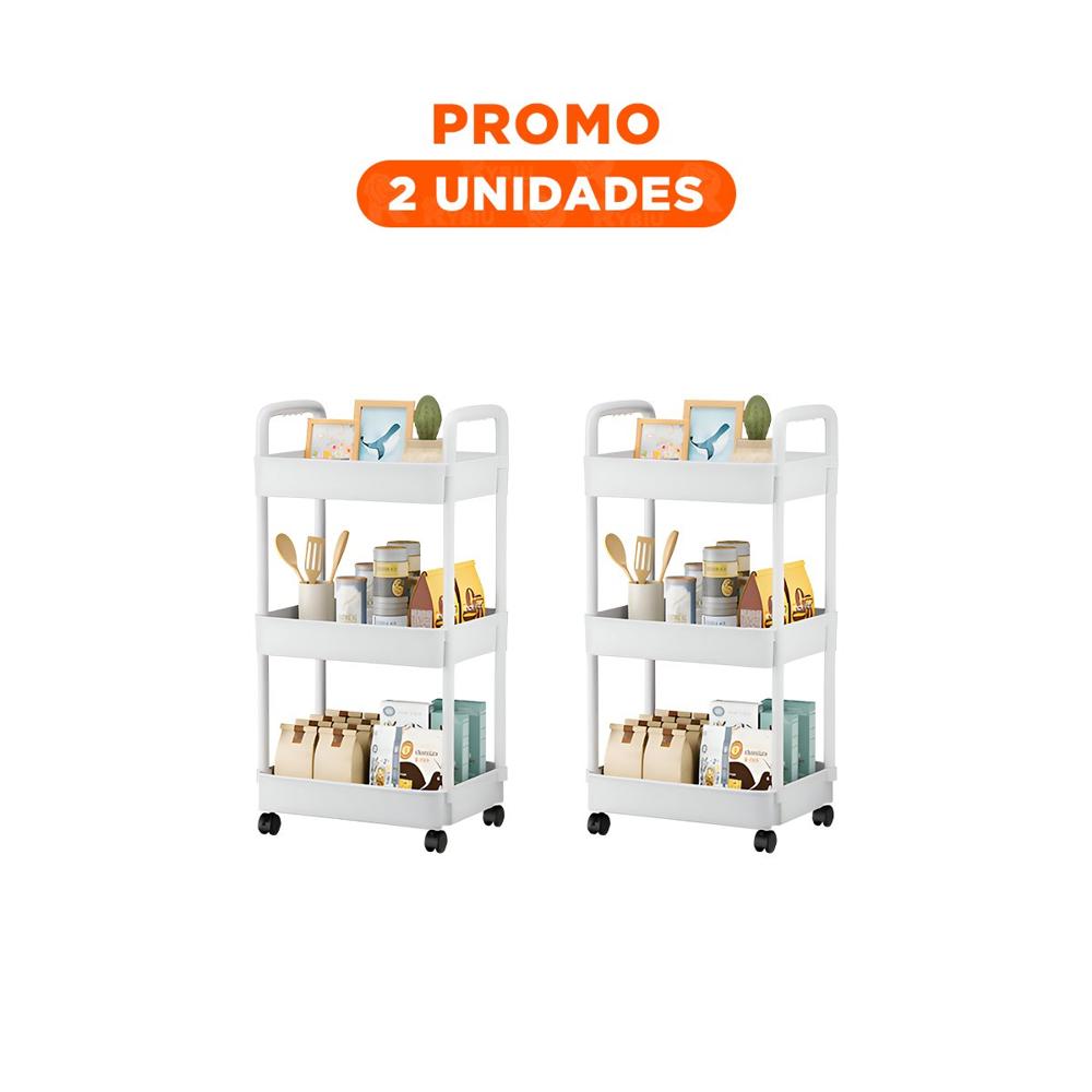 Pack2 Carro Multiuso 3 Niveles con Ruedas y Asas Plastico Blanco para Casa