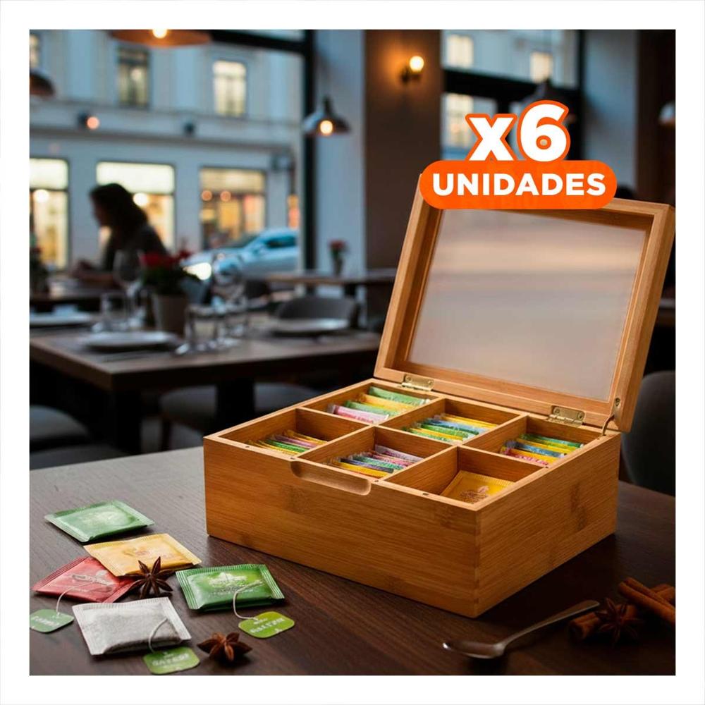Pack6 Sistema Organizador de Bambu con Tapa de Vidrio y 6 Divisiones Y+Papel Regalo