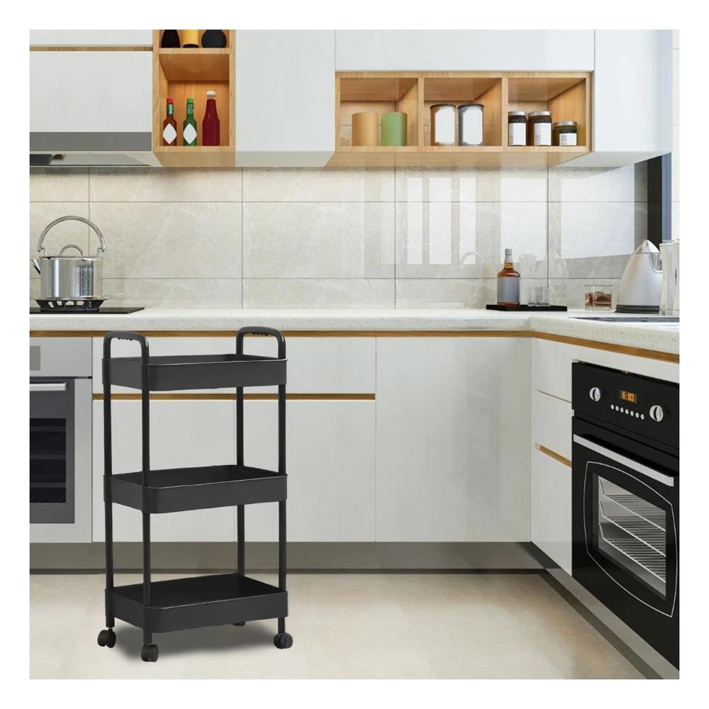 Soporte Auxiliar con Ruedas 3 Niveles y Asas para Casa Plastico Negro Y+Papel Regalo
