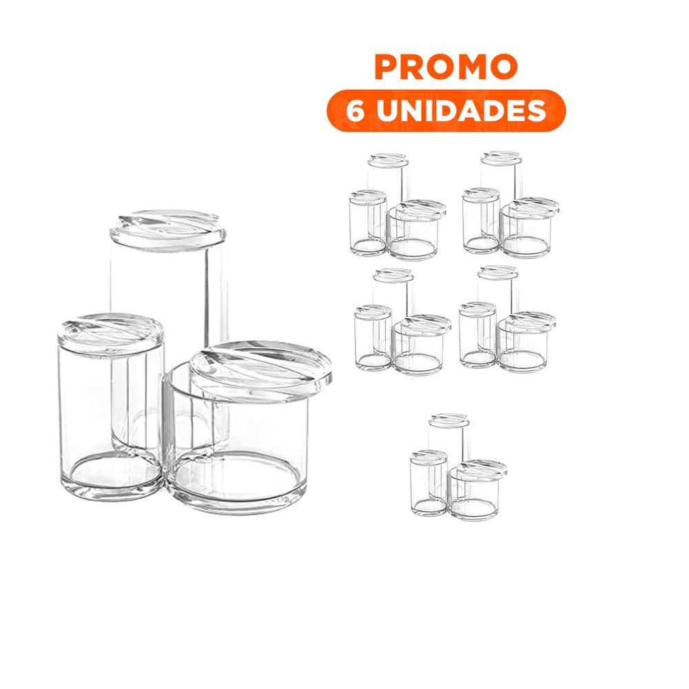 Pack6 Unidad tubular acrilica con 3 espacios y tapa para organizacion en casa transparente
