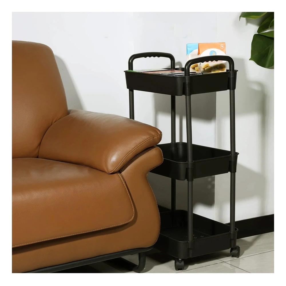 Soporte Multiuso 3 Niveles con Ruedas y Asas para Organizar Hogar Negro Y+Regalo Sticker