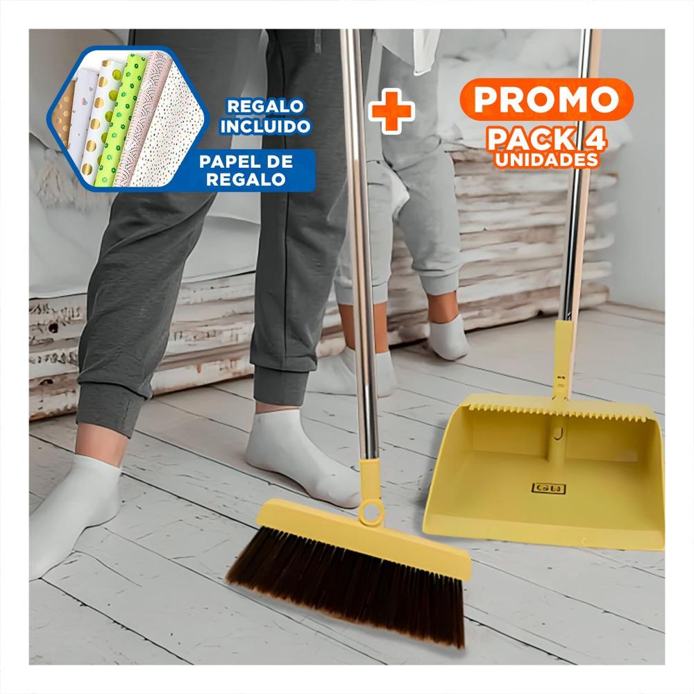 Pack4 Utensilio de Limpieza con Escoba y Recogedor para Cocina y Sala Y+Papel Regalo