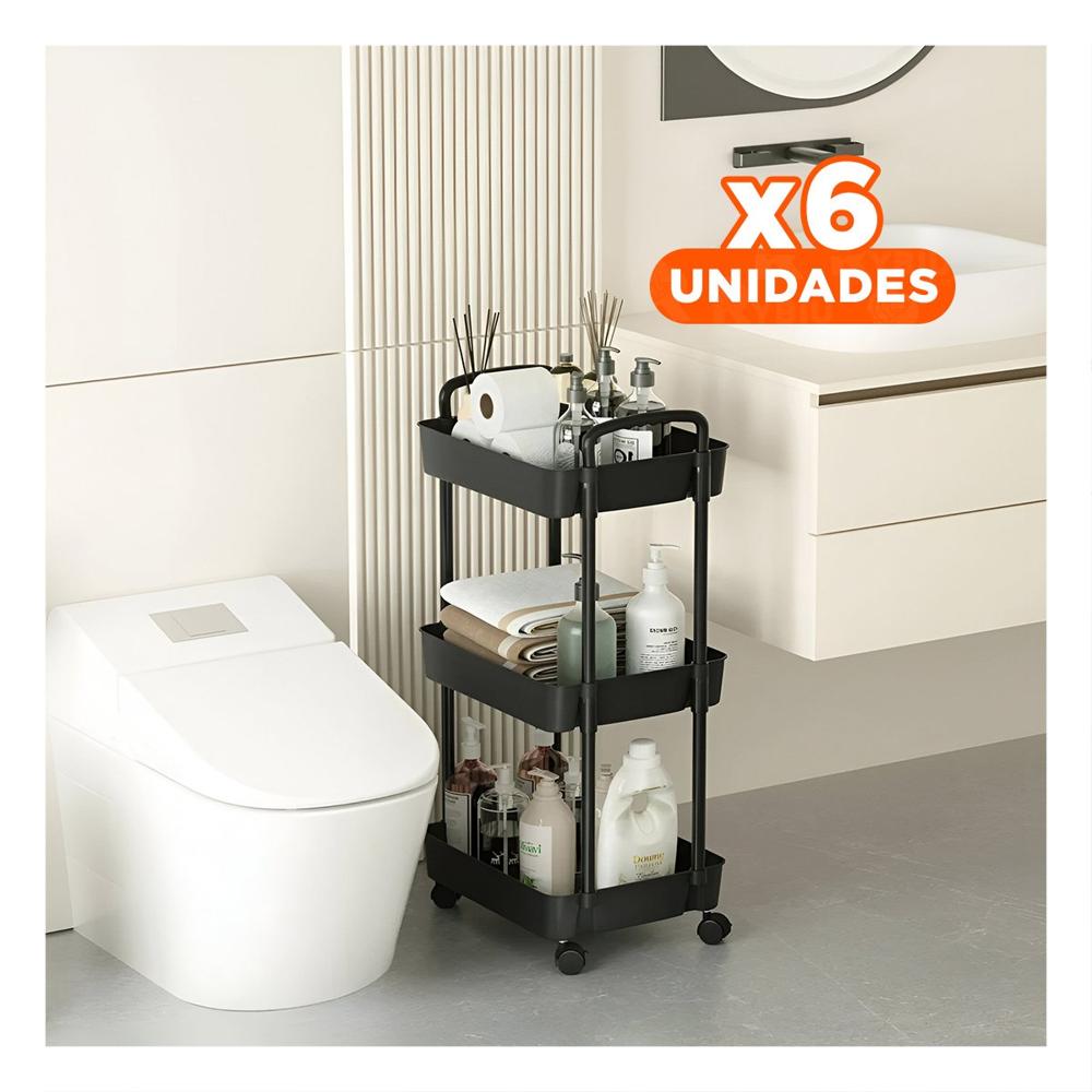 Pack6 Portaobjetos Auxiliar con Ruedas 3 Niveles y Asas para Casa Plastico Negro Y+Papel Regalo