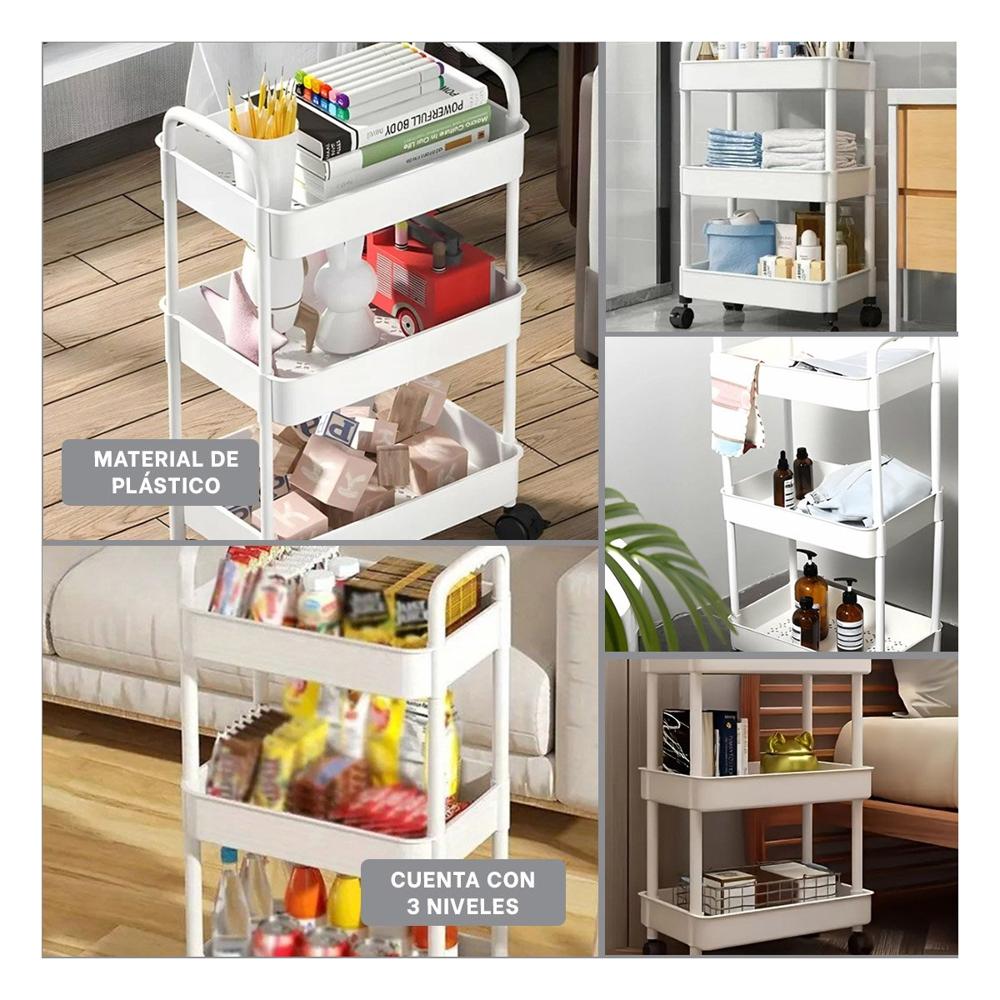 Organizador Rodante 3 Niveles con Ruedas y Asas en Plastico Blanco Hogar