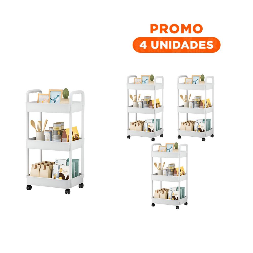 Pack4 Mueble Multiuso 3 Niveles con Ruedas y Asas en Plastico Blanco Casa Y+Regalo Sticker