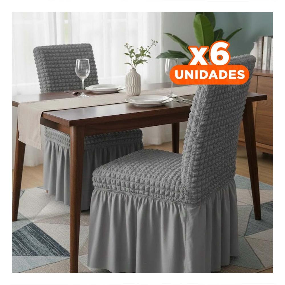 Pack6 Forro para Silla con Patron Cuadrado Elastica en Color Plomo Y+Papel Regalo