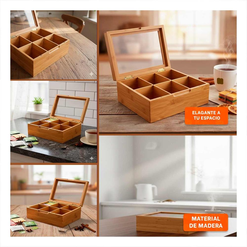 Organizador de Bambu con Tapa de Vidrio y 6 Divisiones para Accesorios del Hogar
