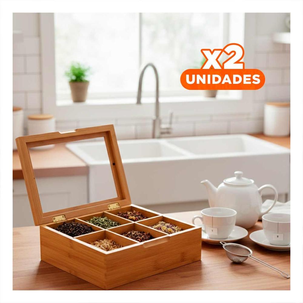 Pack2 Apoyo de Bambu con Tapa de Vidrio y 6 Divisiones para Organizar Objetos Y+Regalo Sticker