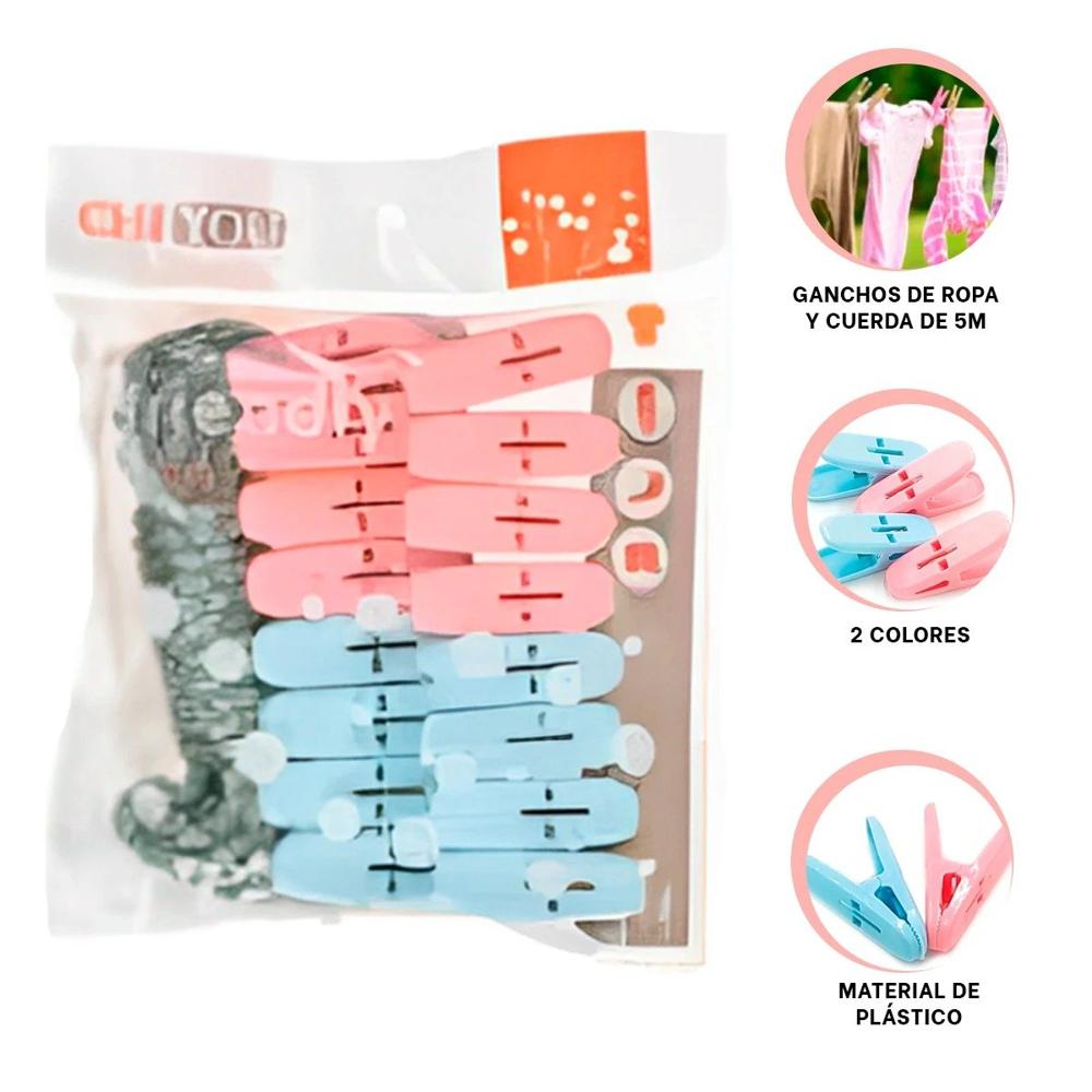 Sujetadores de Ropa Curvos de Plastico Multicolor con Cuerda de Secado Y+Ligas Regalo Sujetadores de Ropa Curvos de Plastico Multicolor con Cuerda de Secado Y+Ligas Regalo
