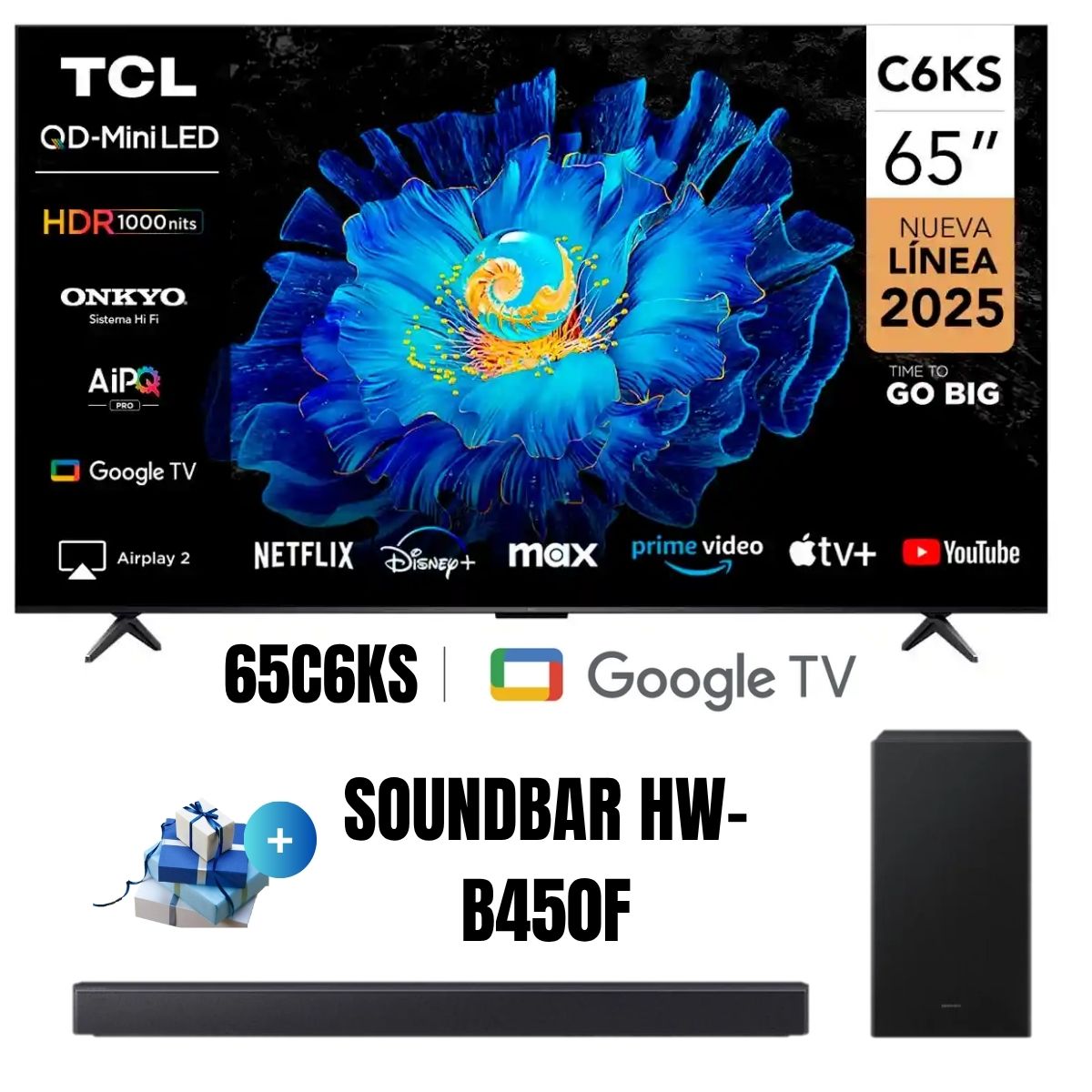 Televisor TCL 65'' QD-MINILED UHD 4K 65C6KS Google TV 2025 - Soundbar HW-B450F