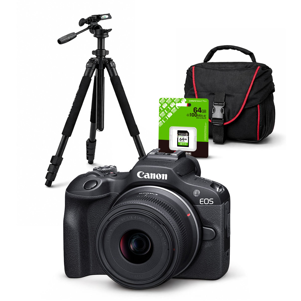 Cámara Mirrorless EOS R100 y Lente RF S 18-45mm f4.5-6.3 IS STM y Kit Deluxe N