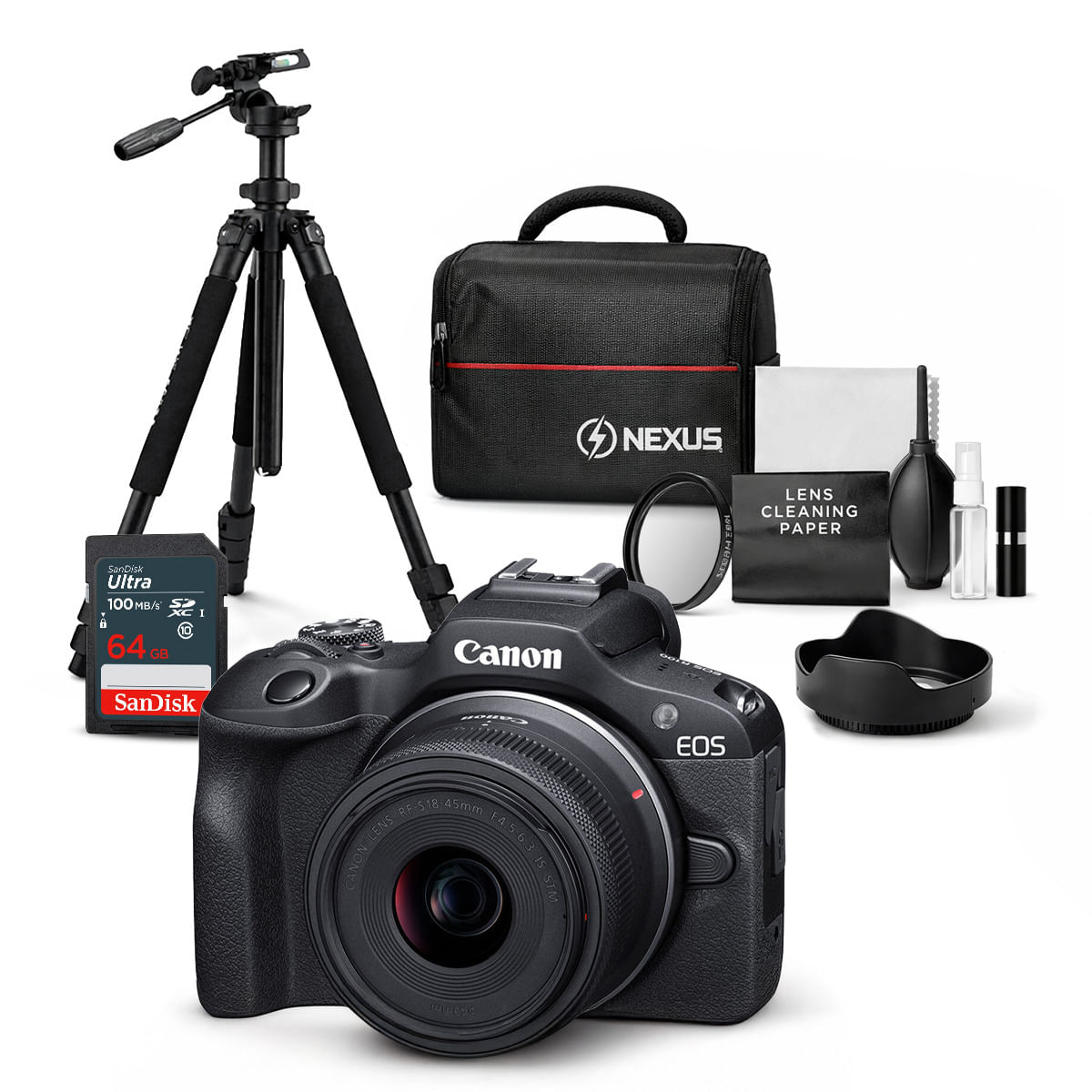 Cámara Mirrorless EOS R100 y Lente RF S 18-45mm f4.5-6.3 IS STM y Kit Ultimate