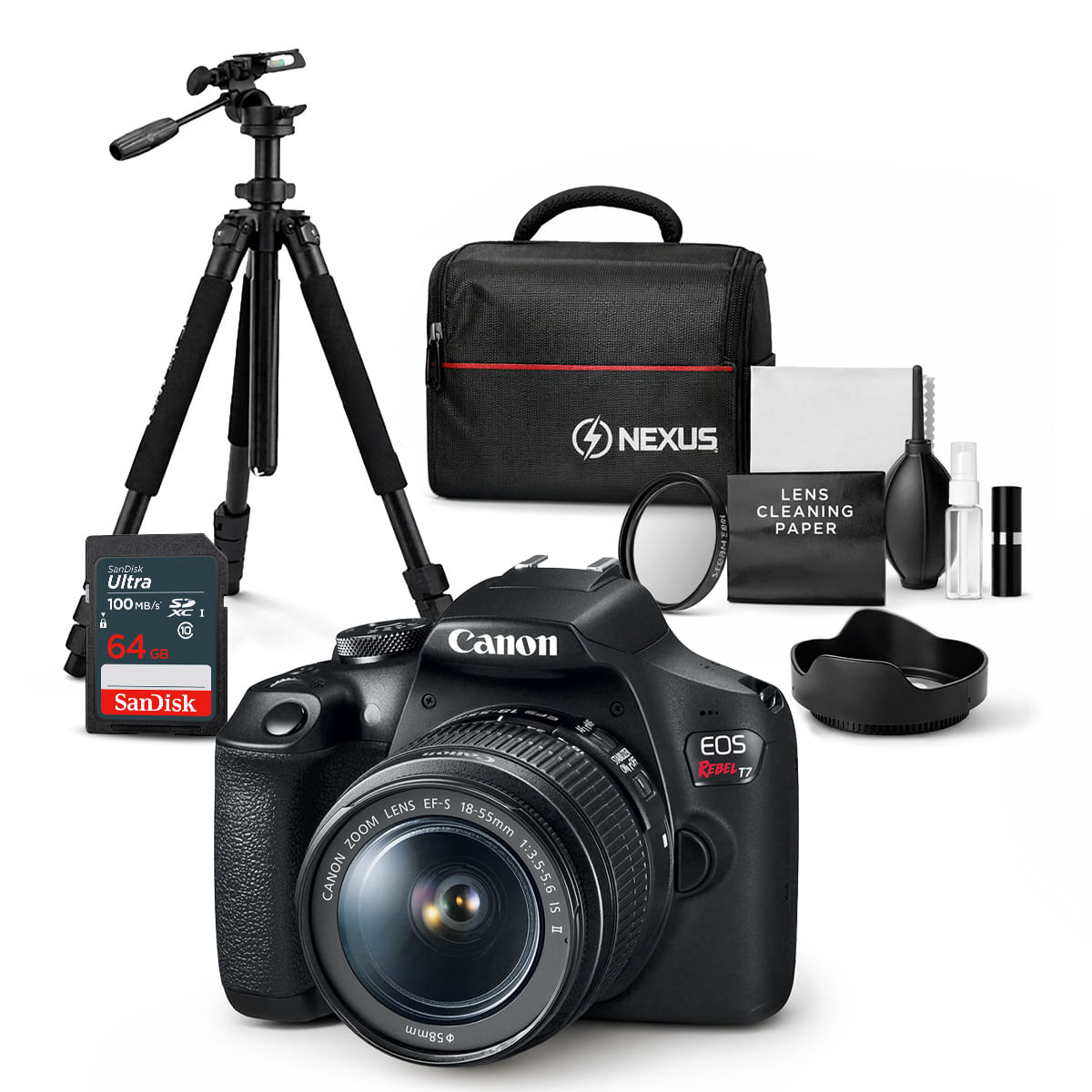 Cámara Canon EOS T7 y Lente EF-S 18-55mm f3.5-5.6 IS II y Kit Ultimate N