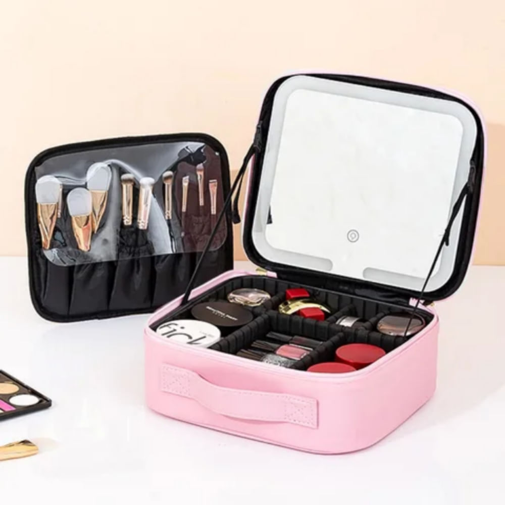 Neceser con espejo led rosado