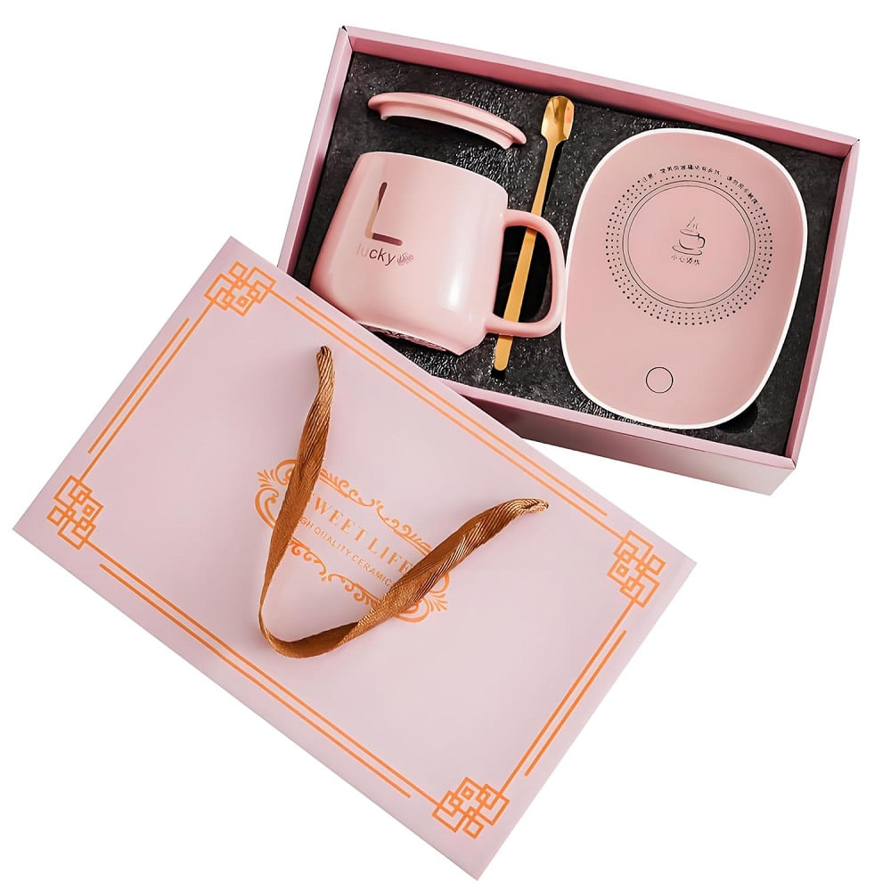 Tazas Calentadoras con Cucharita Electrico 300ml Moderno Rosa