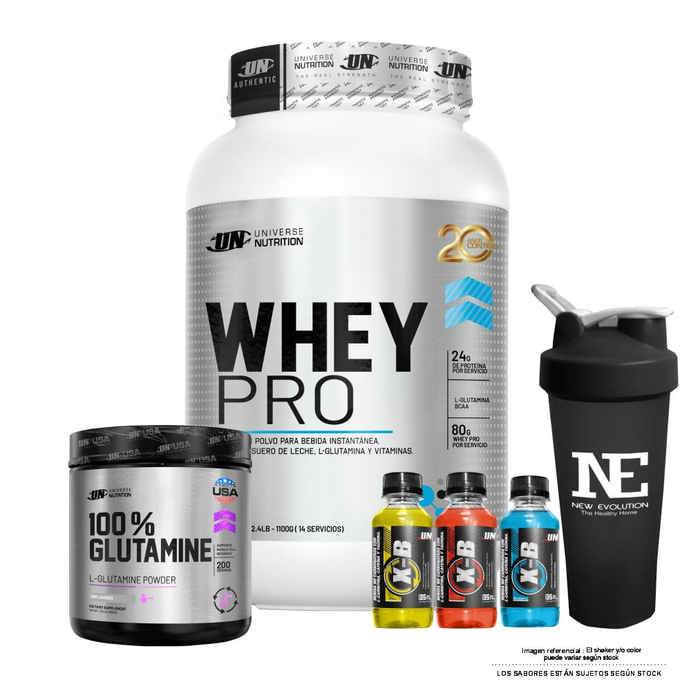 COMBO UNIVERSE NUTRITION - WHEY PRO 1.100 KG. COOKIE + 100% GLUTAMINE 500 GR. + SHAKER