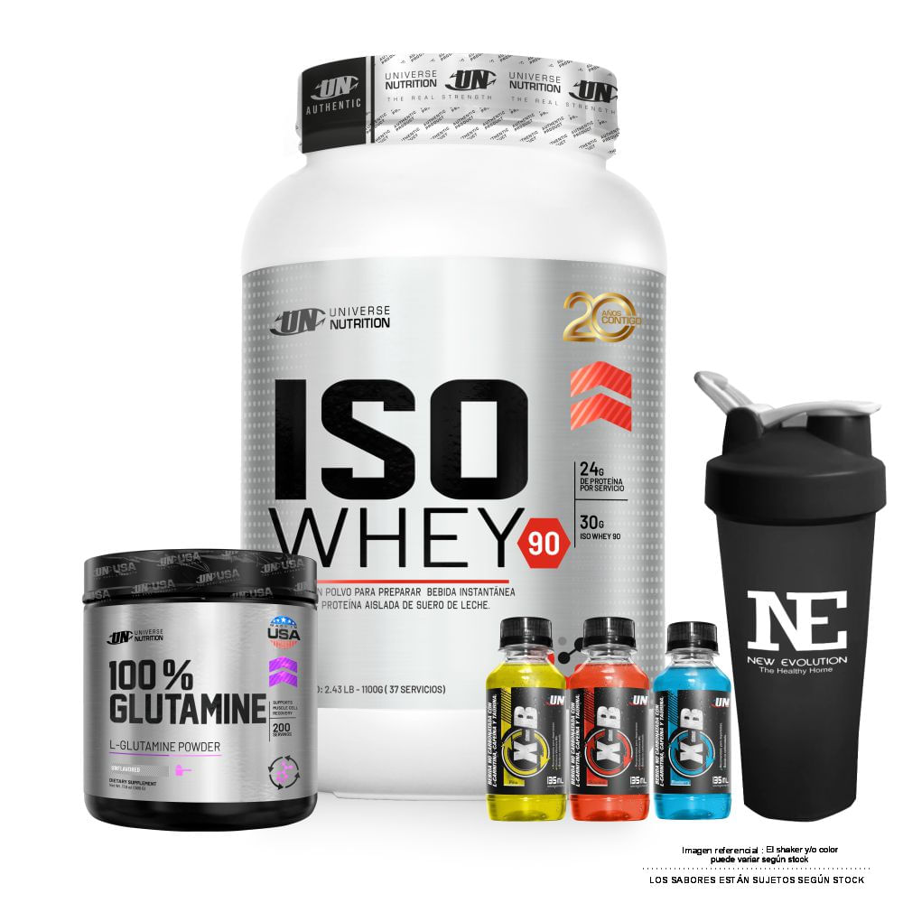 COMBO UNIVERSE NUTRITION - ISO WHEY 90 1.100 KG. CHOCOLATE + 100% GLUTAMINE 500 GR. + SHAKER
