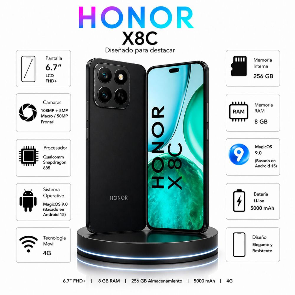 Celular Honor X8C 6.7 - 8GB RAM 256GB  - Negro Medianoche