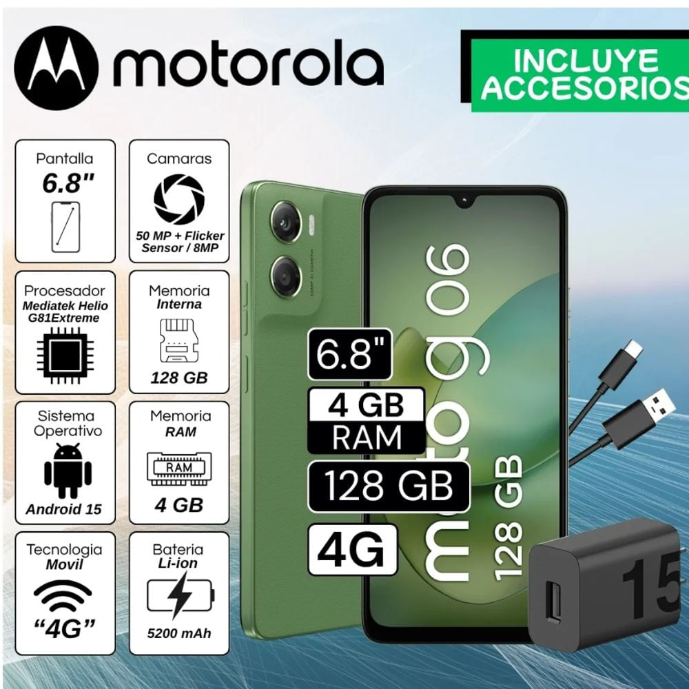 Celular Motorola G06 6.8 Pulg. 4GB RAM 128GB Android 15 - Verde