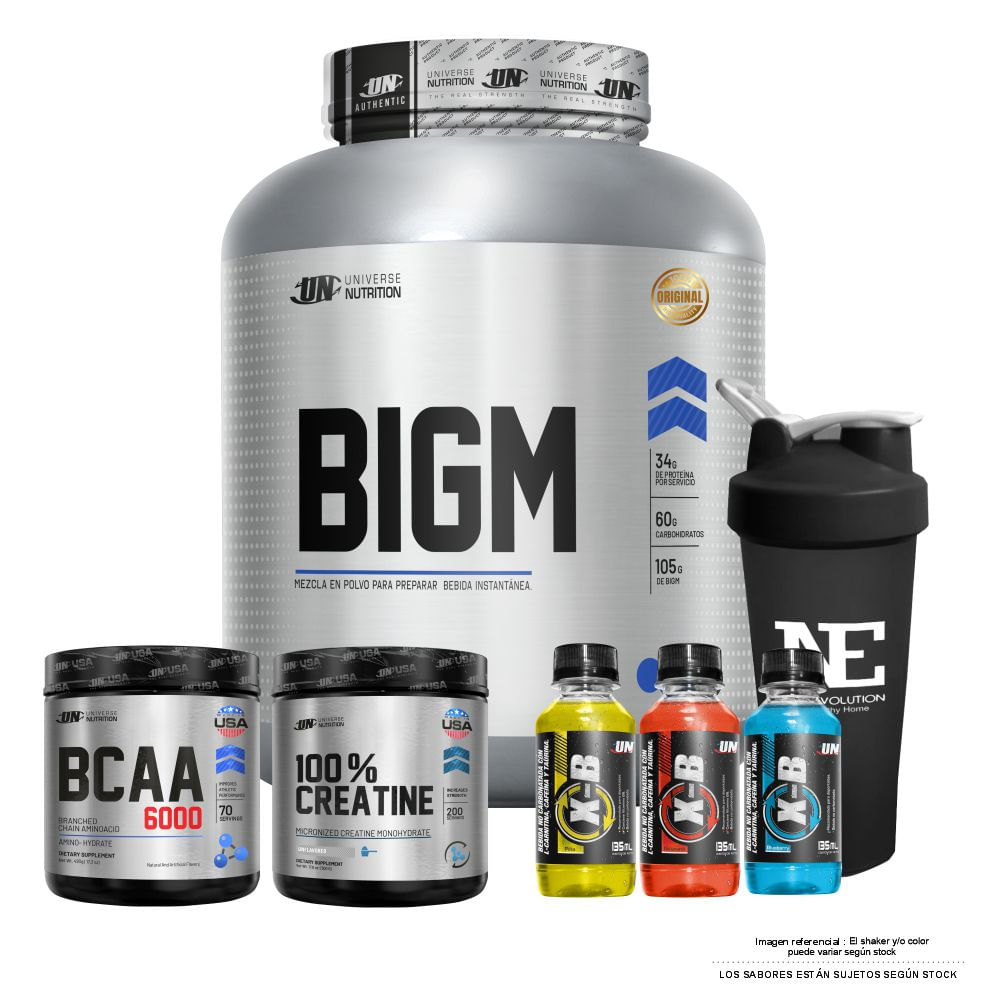 COMBO UNIVERSE - BIGM 2.5 KG. CHOCOLATE + 100% CREATINE 500GR + BCAA 6000 490GR CITRUS PUNCH +SHAKER