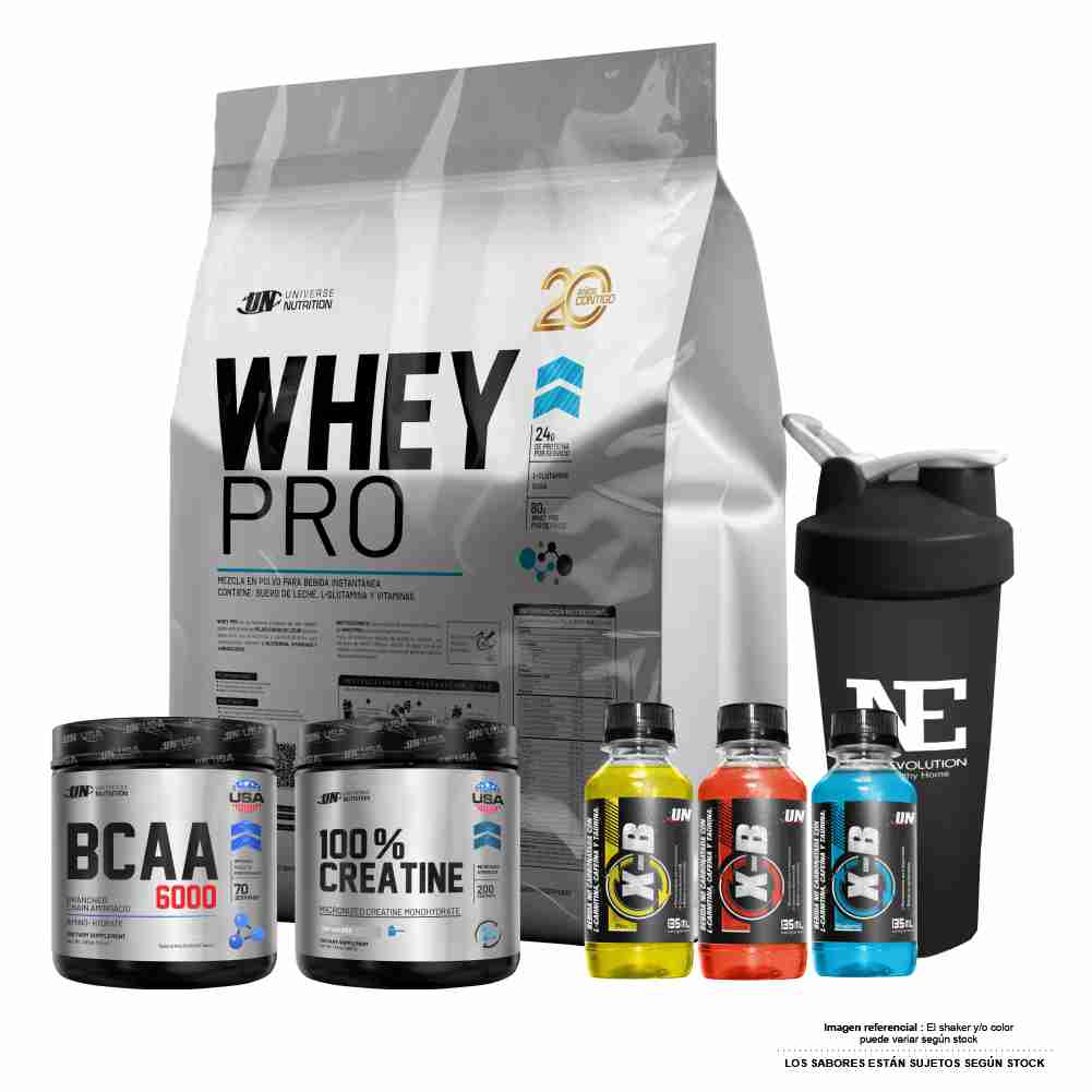 COMBO UNIVERSE NUTRITION - WHEY PRO 5 KG. VAINILLA+ 100% CREATINE 500GR + BCAA 490GR MANZANA +SHAKER