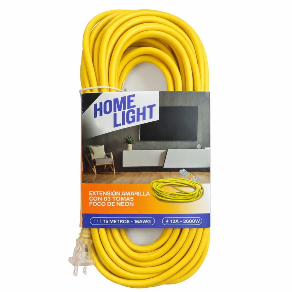 Extensión Eléctrica 15 Metros 3 Tomas Cable Vulcanizado Amarillo HOME LIGHT