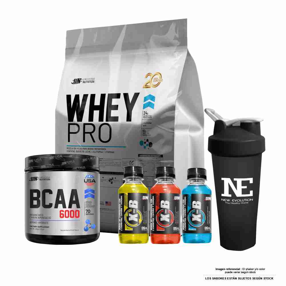 COMBO UNIVERSE NUTRITION - WHEY PRO 3 KG. VAINILLA + BCAA 6000 490 GR. FRUIT PUNCH + SHAKER
